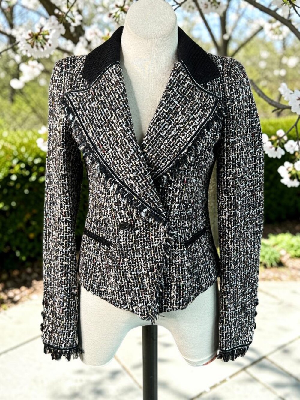 Maginn for Nordstrom Black Multi Tweed Fringe Notch Collar Size 6